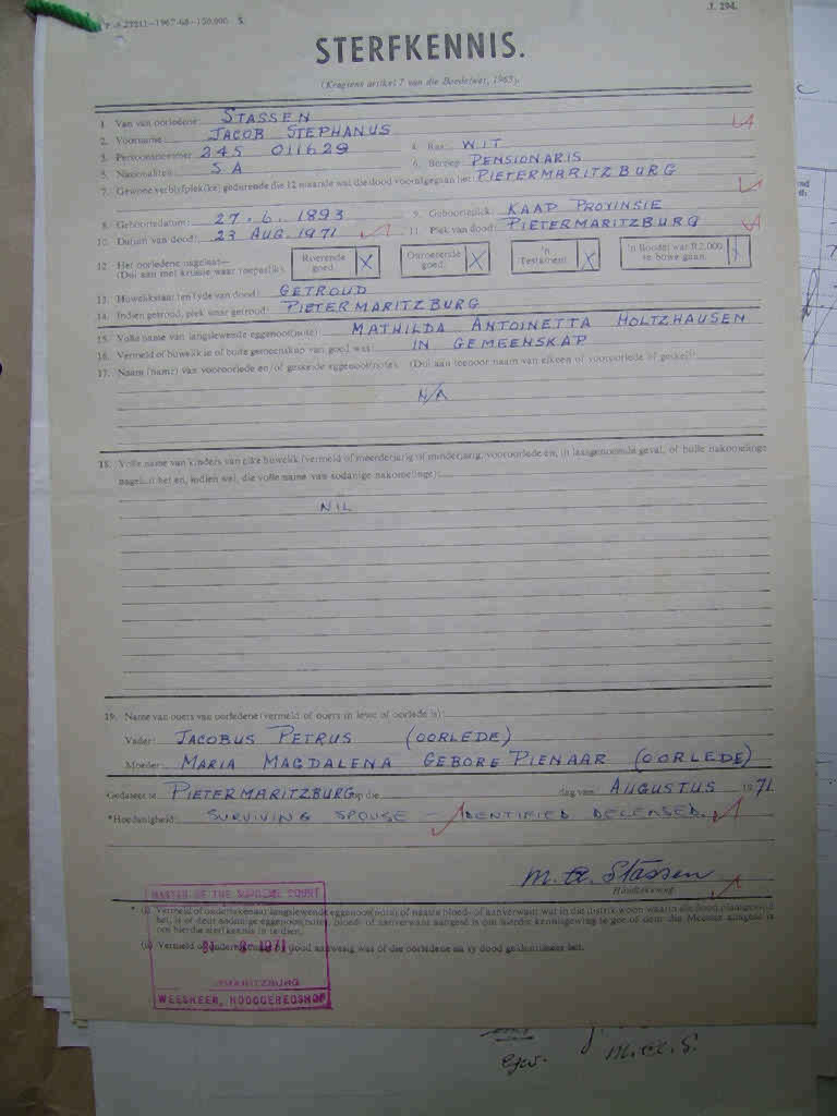 STASSEN Jacob Stephanus - died 23 Aug 1971 STASSEN Jacob Stephanus - died 23 Aug 1971