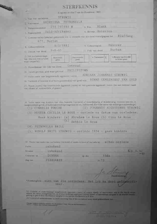 STRUWIG Andresina Petronella born BRITZ - died 9 Aug 1965 STRUWIG Andresina Petronella born BRITZ - died 9 Aug 1965