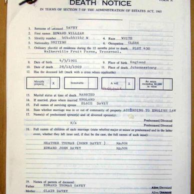 DAVEY Edward William - died 28 Dec 1969
