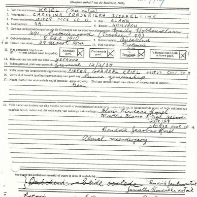 KRIEL Carolina Frederika Stoffelina nee DU TOIT - died 28 Mar 1974