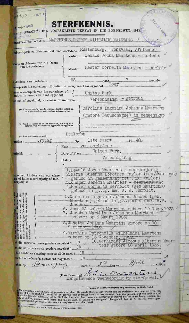 MAARTENS Marthinus Petrus Wilhelmus - oorlede 1 Mrt 1940