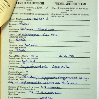 MAHER Michael Abraham - died 20 May 1970
