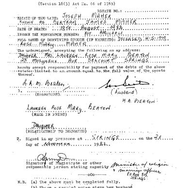 MAHER Bertram James - died 19 Aug 1982 