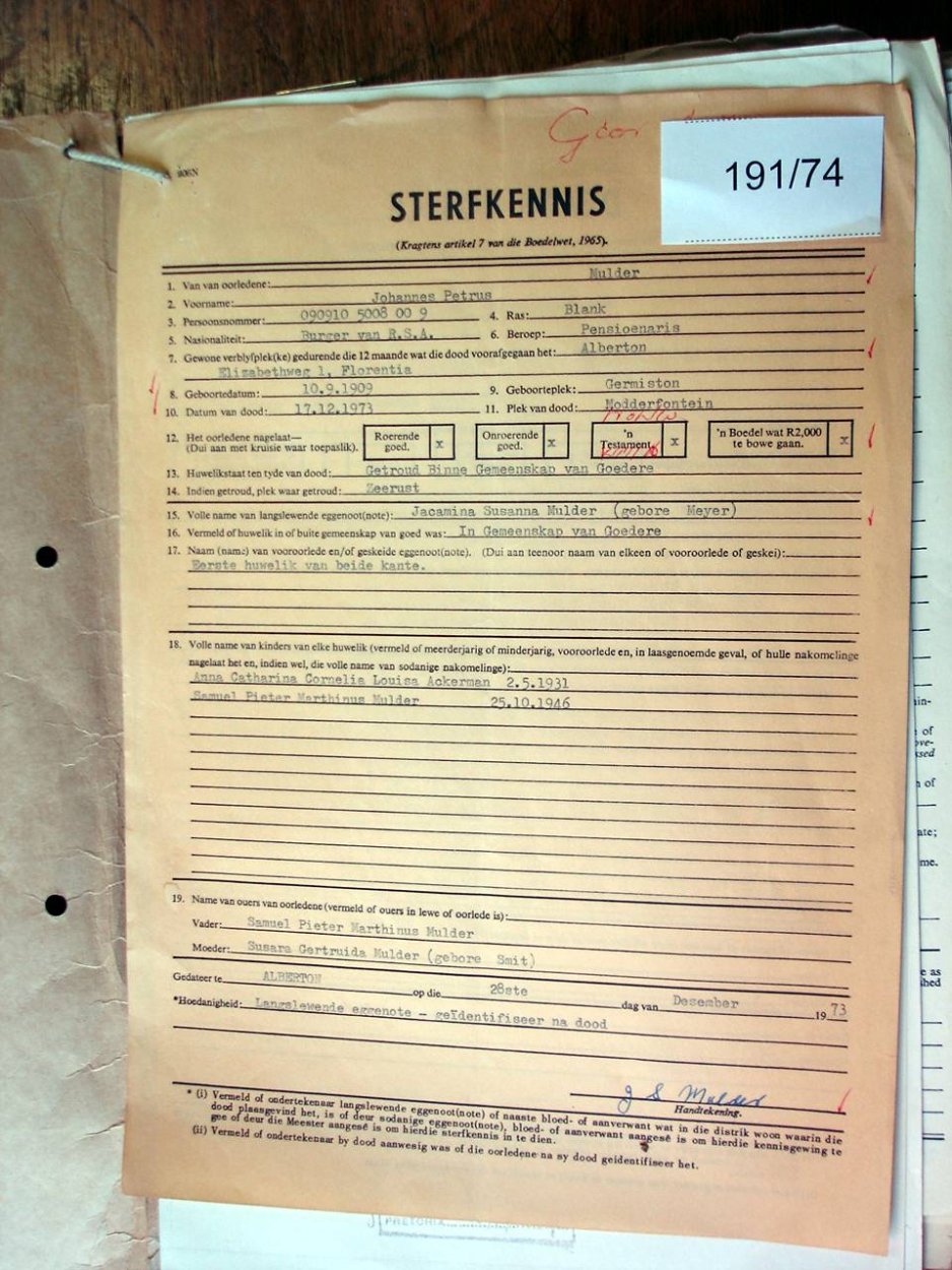 191-74 MULDER Johannes Petrus b 191-74 MULDER Johannes Petrus b