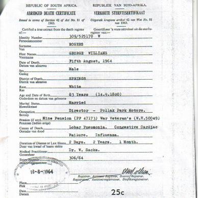 Rogers, George Williams TAB MHG 6735   Abridged Death Certificate