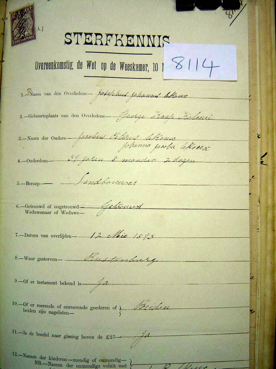 8114 LE ROUX Josephus Johannes b 8114 LE ROUX Josephus Johannes b