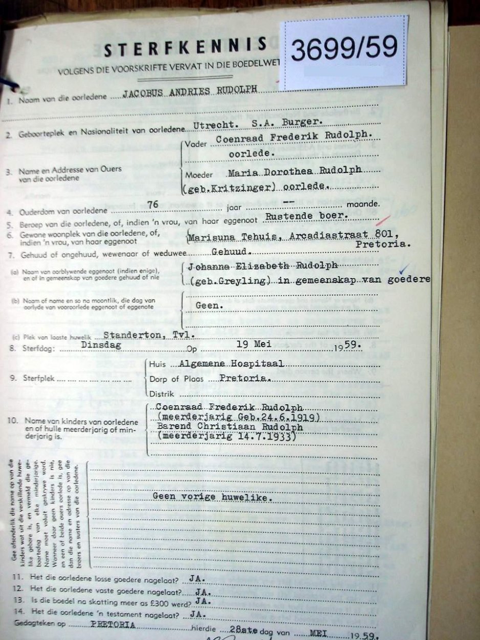 3699-59 RUDOLPH Jacobus Andries b