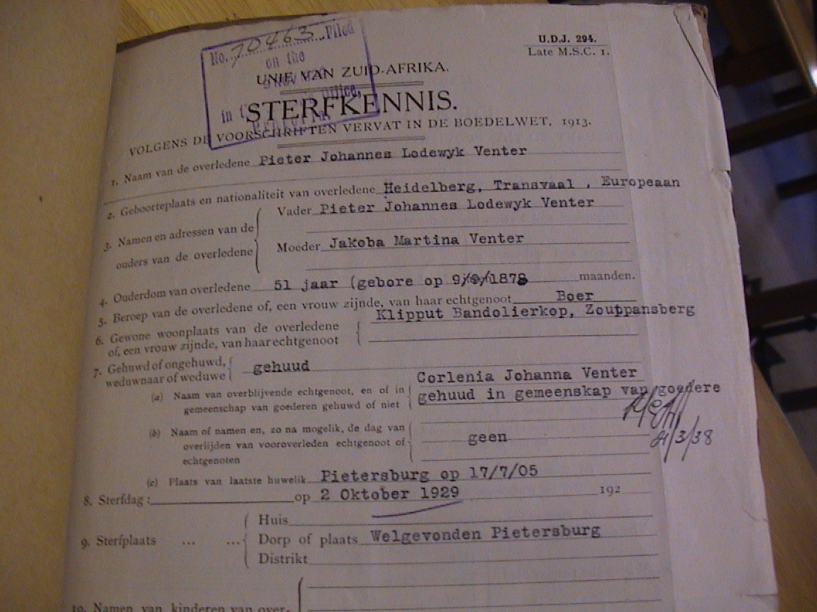Venter PJL TAB MHG 70463 Sterfkennis 1929 vergroot BO Venter PJL TAB MHG 70463 Sterfkennis 1929 vergroot BO