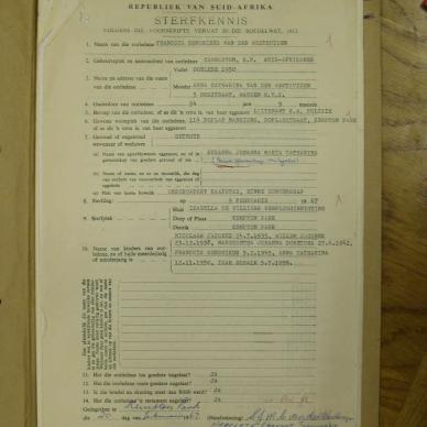 WESTHUIZEN Francois Hendrikus VAN DER - oorlede 9 Feb 1967
