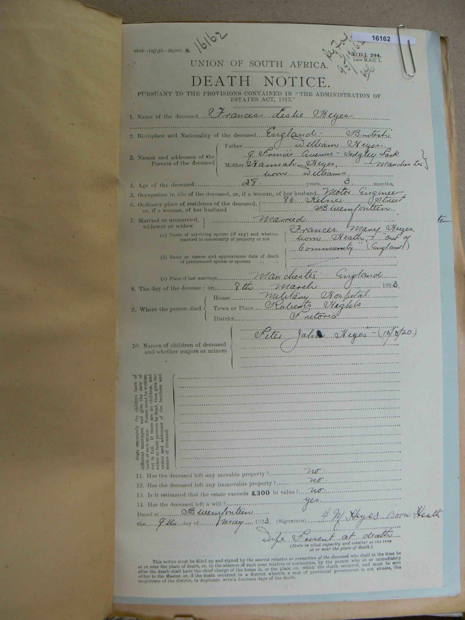 HEYES Francis Leslie - died 8 March 1923 HEYES Francis Leslie - died 8 March 1923
