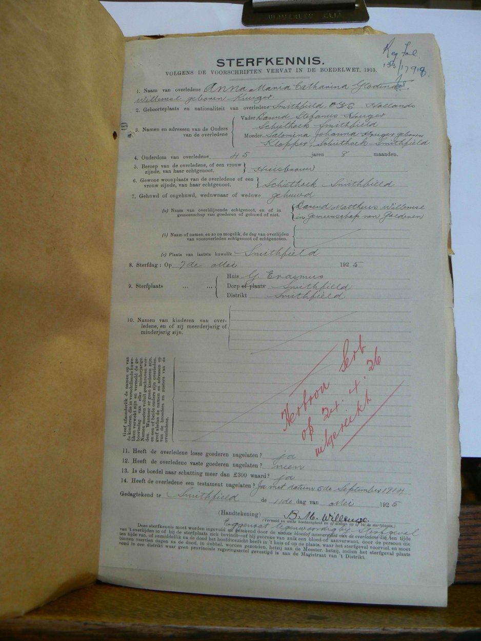 WILLEMSE Anna Maria Catharina Glodina born KRUGER died 7 May 1925 WILLEMSE Anna Maria Catharina Glodina born KRUGER died 7 May 1925
