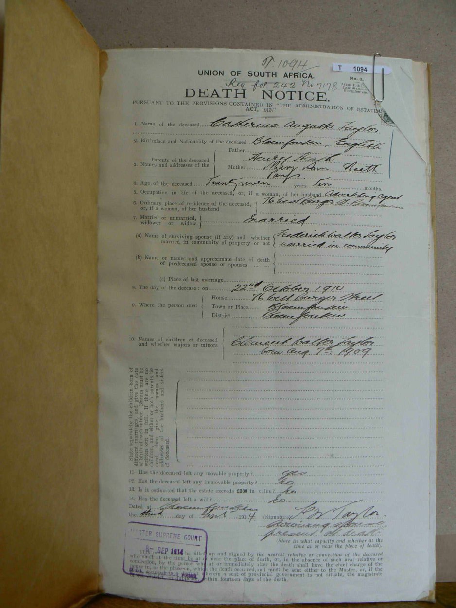 TAYLOR Catherine Augusta born HEATH - died 22 October 1910 TAYLOR Catherine Augusta born HEATH - died 22 October 1910