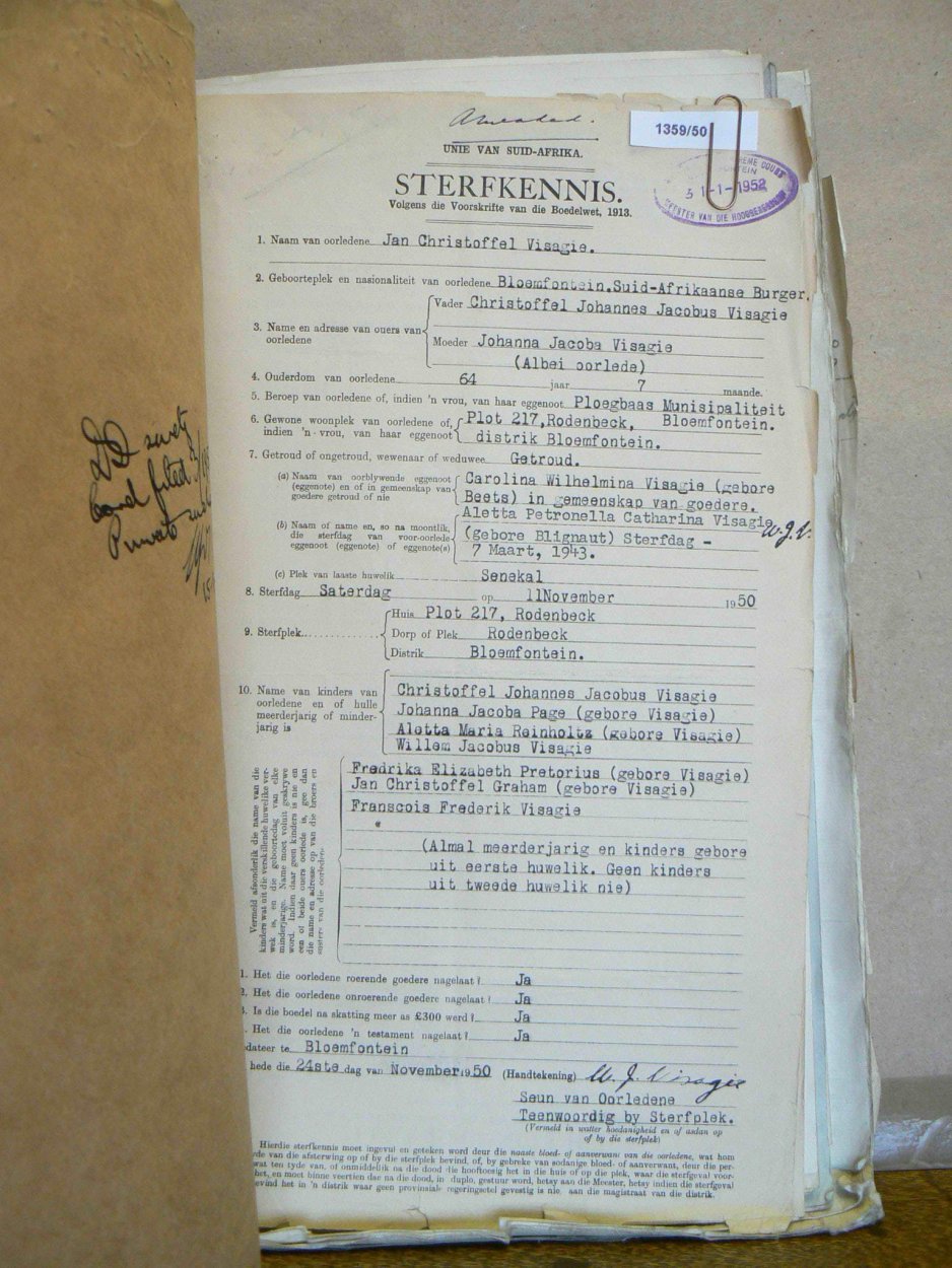 VISAGIE Jan Christoffel - oorlede 11 Nov 1950 VISAGIE Jan Christoffel - oorlede 11 Nov 1950