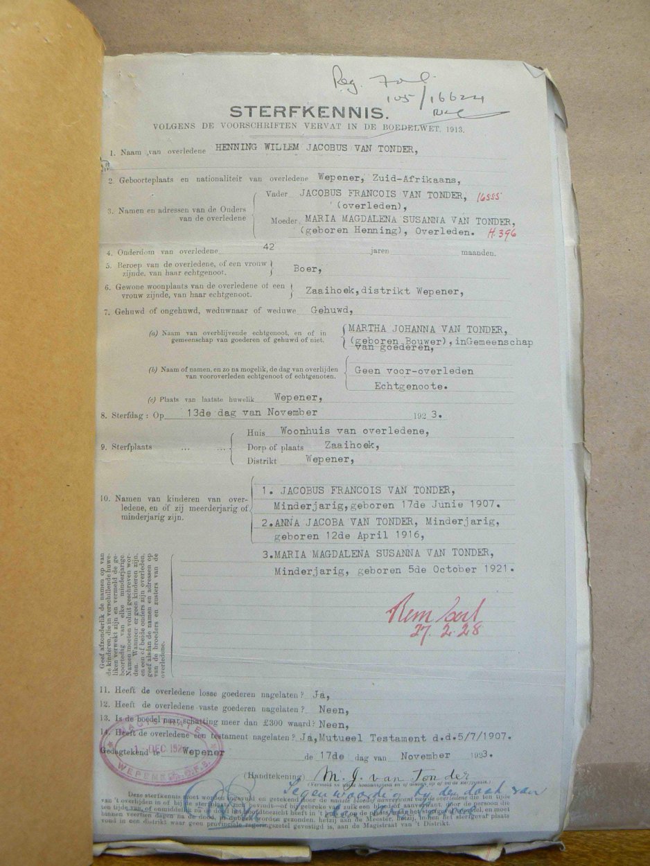 TONDER Henning Willem Jacobus VAN - oorlede 13 Nov 1923 TONDER Henning Willem Jacobus VAN - oorlede 13 Nov 1923