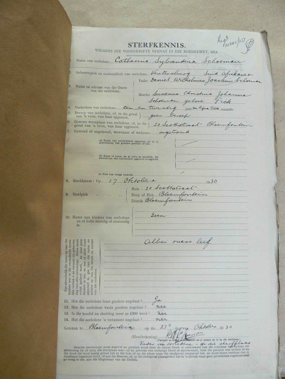 SCHOEMAN Catharina Sybrandina died 17 October 1930 SCHOEMAN Catharina Sybrandina died 17 October 1930
