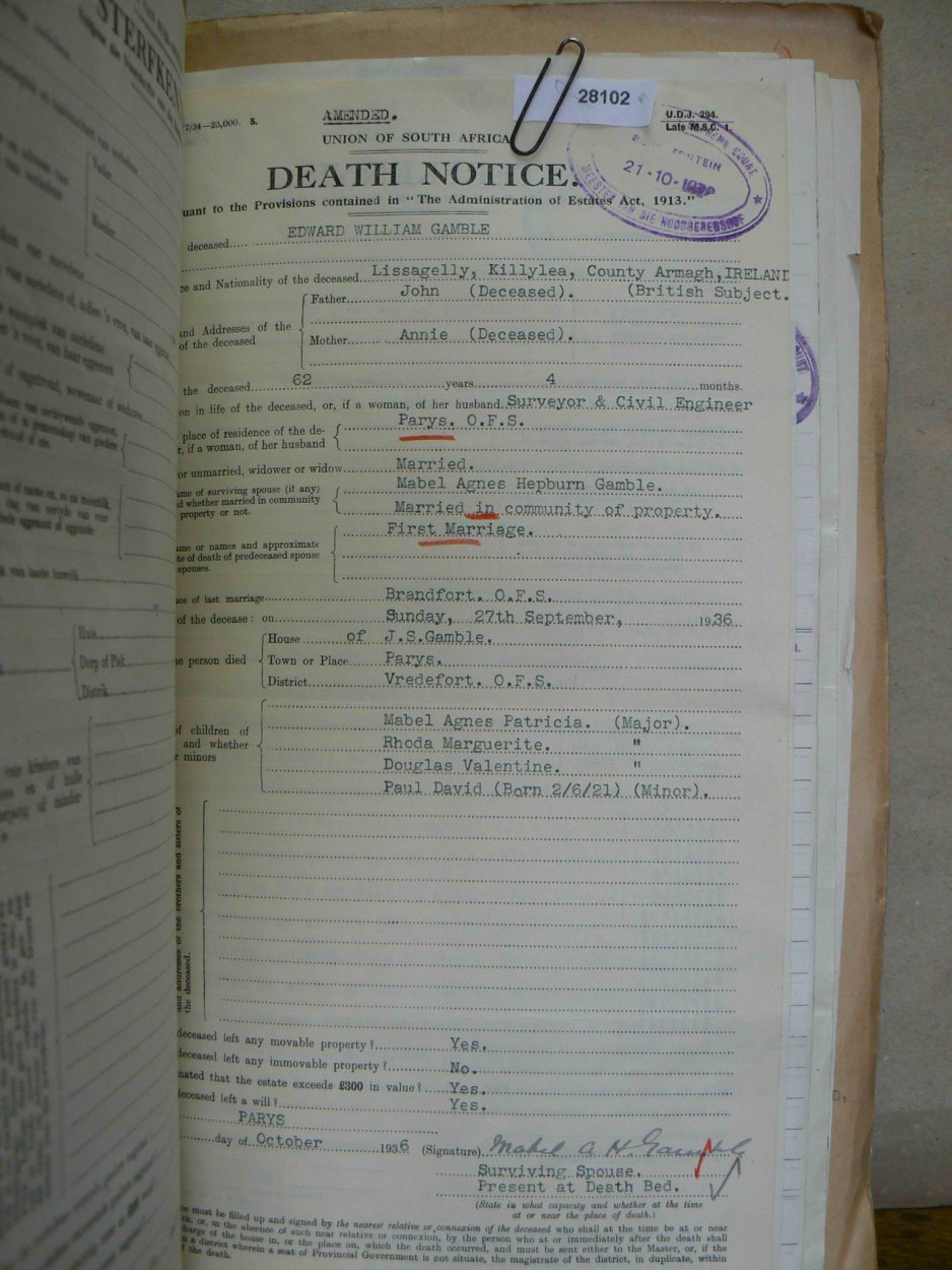 GAMBLE Edward William died 27 September 1936 GAMBLE Edward William died 27 September 1936