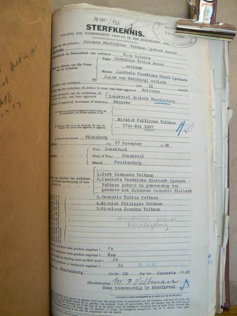 VELTMAN Johanna Stoffelina nee BOUER - oorlede 17 Nov 1936 VELTMAN Johanna Stoffelina nee BOUER - oorlede 17 Nov 1936