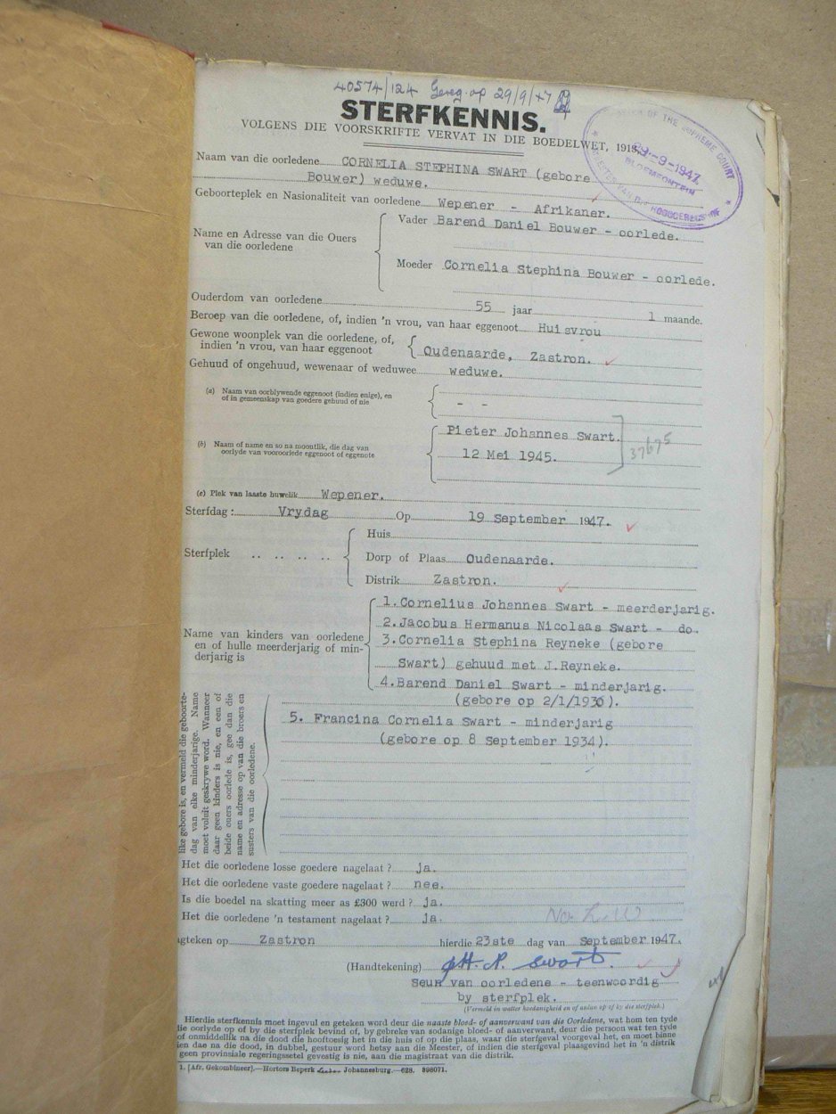 SWART Cornelia Stephina nee BOUWER - oorlede 19 Sep 1947 SWART Cornelia Stephina nee BOUWER - oorlede 19 Sep 1947
