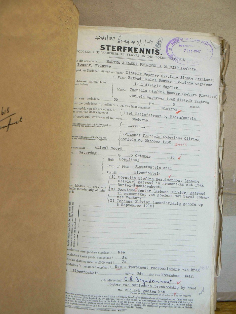 OLIVIER Martha Johanna Petronella nee BOUWER - oorlede 25 Okt 1947