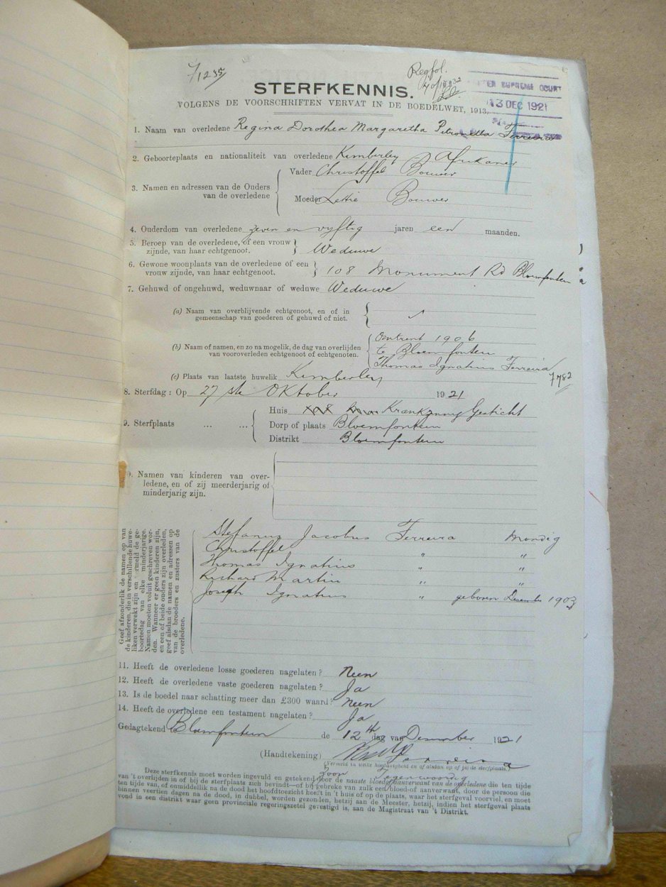 FERREIRA Regina Dorothea Margaritha Petronella nee BOUWER - oorlede 27 Okt 1921 FERREIRA Regina Dorothea Margaritha Petronella nee BOUWER - oorlede 27 Okt 1921
