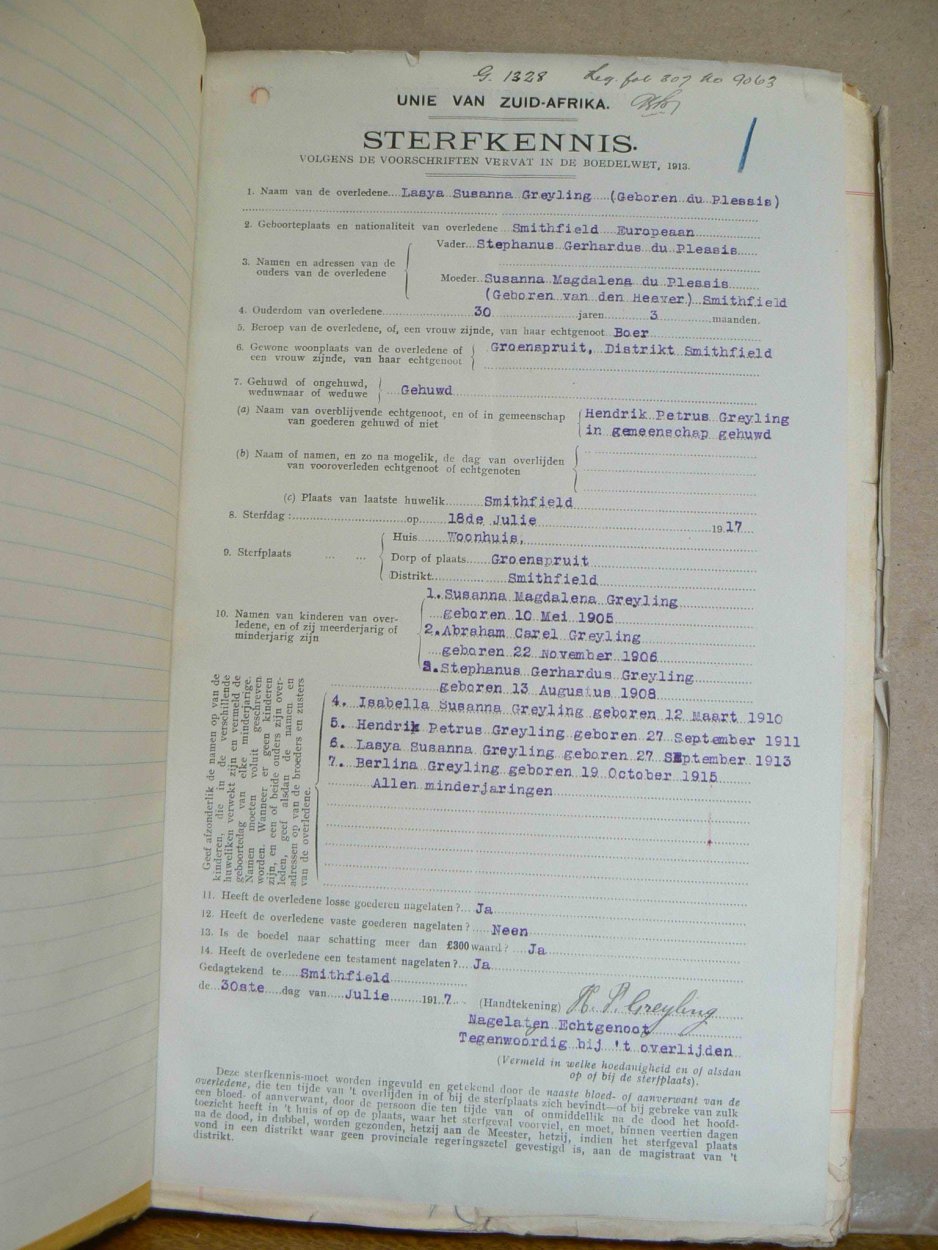 GREYLING Lasya Susanna nee DU PLESSIS - oorlede 18 Jul 1917 GREYLING Lasya Susanna nee DU PLESSIS - oorlede 18 Jul 1917