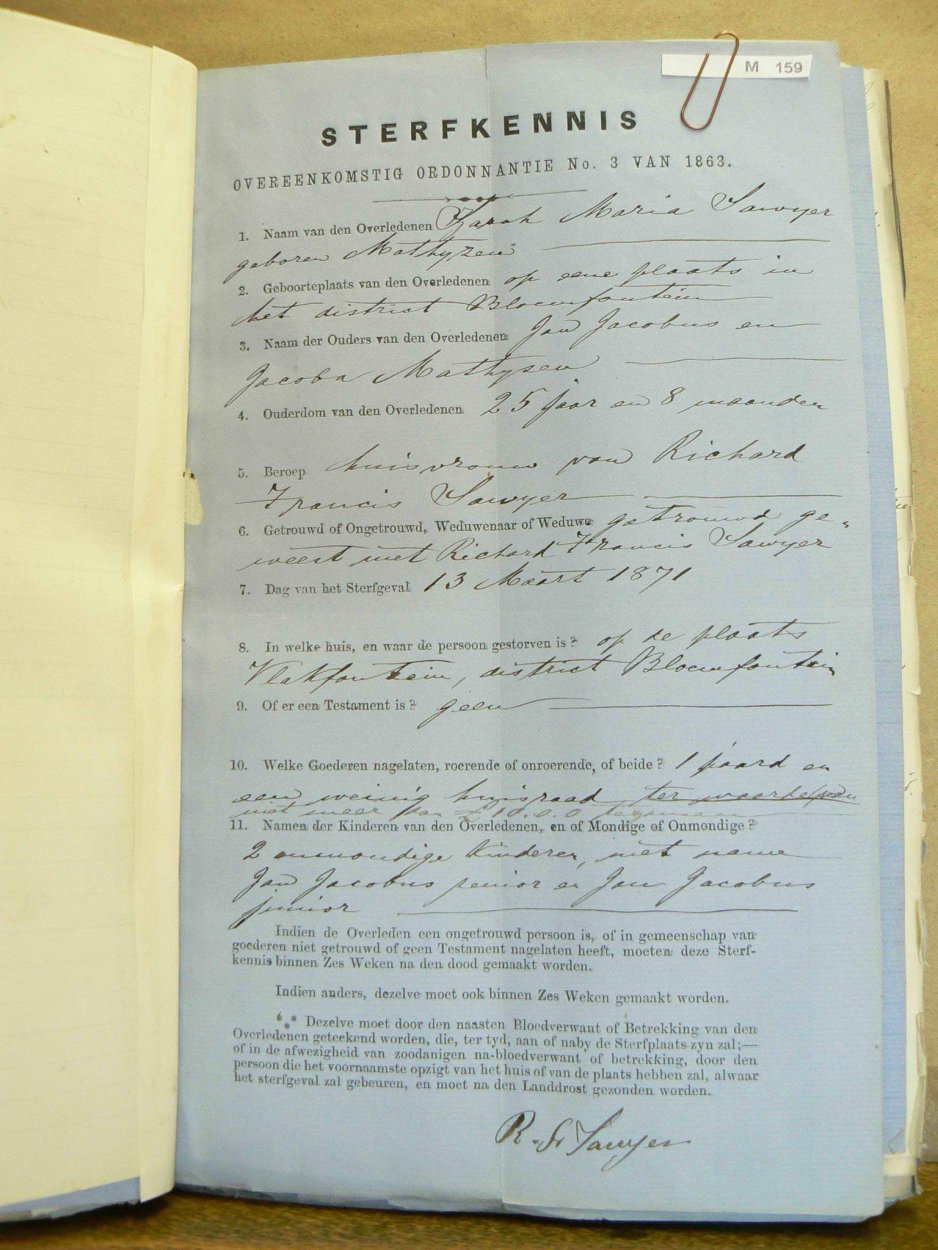 SAWYER Sarah Maria nee MATTHYZEN - oorlede 13 Mrt 1871 SAWYER Sarah Maria nee MATTHYZEN - oorlede 13 Mrt 1871