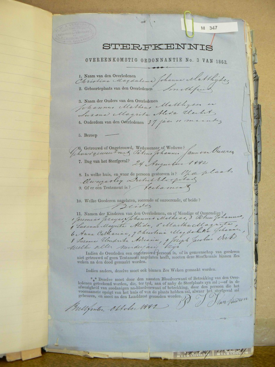 VUREN Christina Magdalena Johanna JANSEN VAN nooiensvan MATTHYSEN died 24 Autust 1882 VUREN Christina Magdalena Johanna JANSEN VAN nooiensvan MATTHYSEN died 24 Autust 1882
