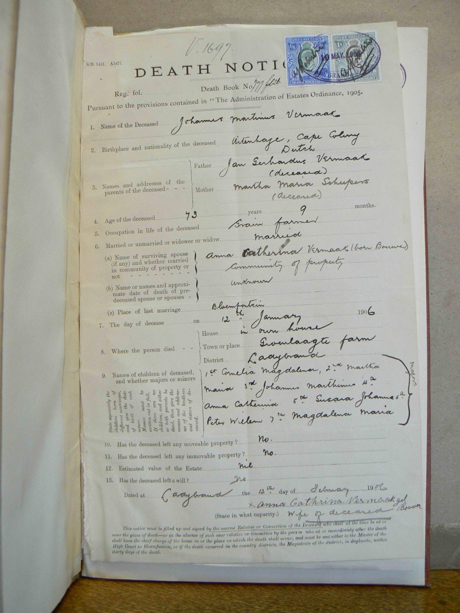 VERMAAK Johannes Martinus - oorlede 12 Jan 1906 VERMAAK Johannes Martinus - oorlede 12 Jan 1906