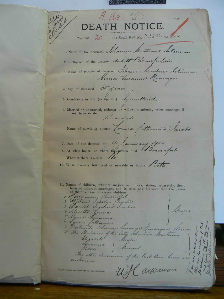 ACKERMAN Johannes Martinus died 4 January 1902 ACKERMAN Johannes Martinus died 4 January 1902