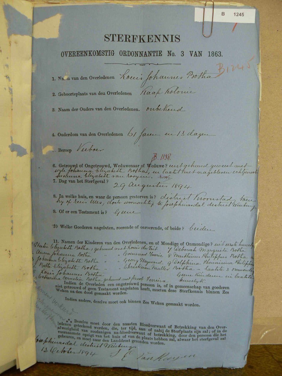BOTHA Louis Johannes died 29 August 1894 BOTHA Louis Johannes died 29 August 1894