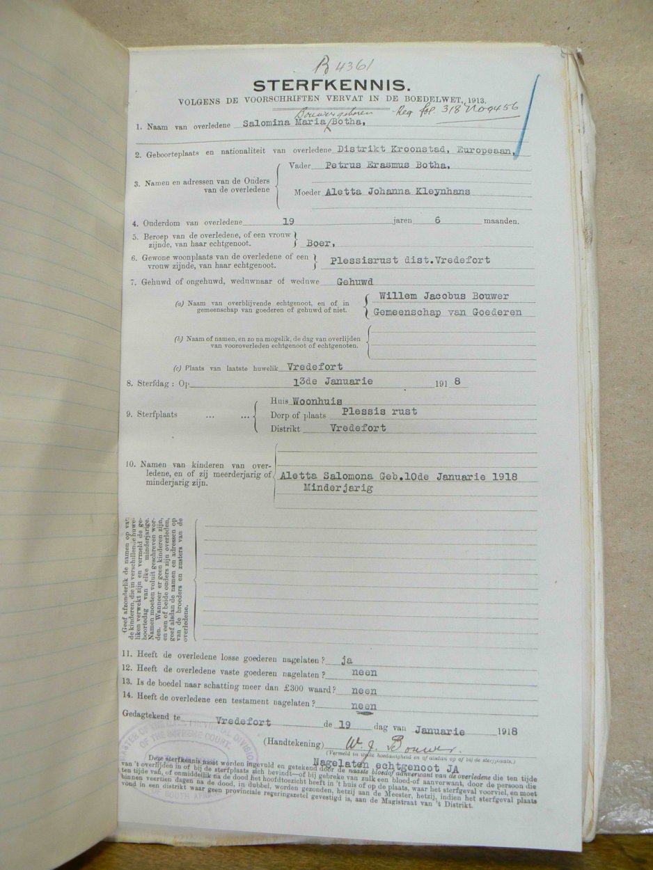 BOUWER Salomina Maria born BOTHA died 13 January 1918 BOUWER Salomina Maria born BOTHA died 13 January 1918
