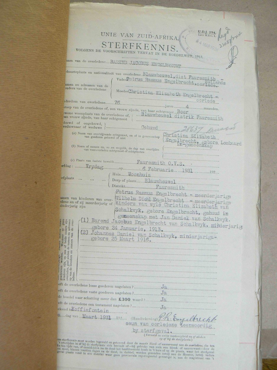 ENGELBRECHT Barend Jacobus - oorlede 6 Feb 1931 ENGELBRECHT Barend Jacobus - oorlede 6 Feb 1931
