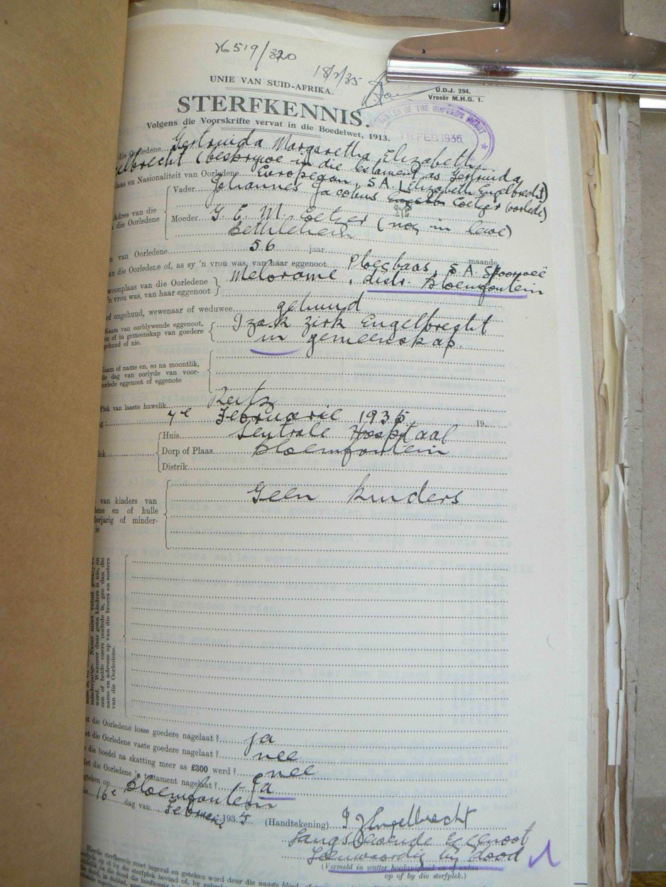 ENGELBRECHT Gertruida Margaretha Elizabeth nee COETZER - oorlede 7 Feb 1935 ENGELBRECHT Gertruida Margaretha Elizabeth nee COETZER - oorlede 7 Feb 1935