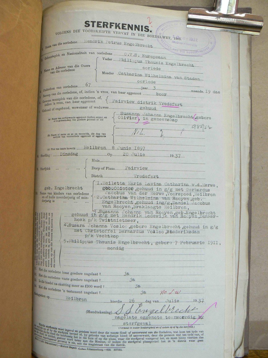 ENGELBRECHT Hendrik Petrus - oorlede 7 Feb 1935 ENGELBRECHT Hendrik Petrus - oorlede 7 Feb 1935