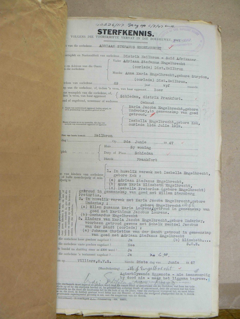 ENGELBRECHT Adriaan Stephanus - oorlede 9 Jun 1947 ENGELBRECHT Adriaan Stephanus - oorlede 9 Jun 1947