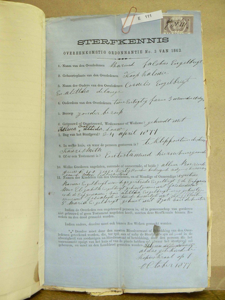 ENGELBREGT Barend Jacobus - oorlede 24 Apr 1877 ENGELBREGT Barend Jacobus - oorlede 24 Apr 1877