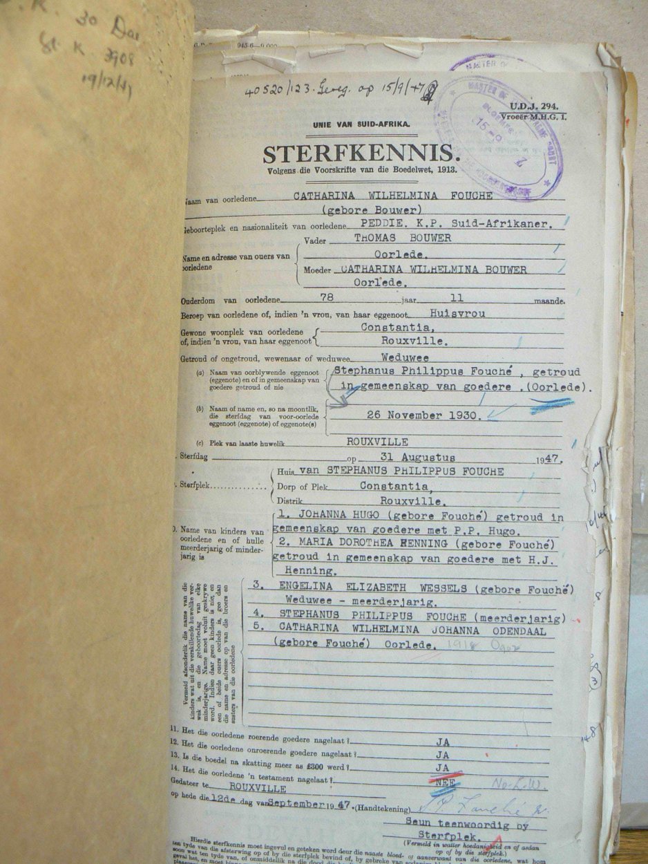 FOUCHE Catharina Wilhelmina nee BOUWER - oorlede 31 Aug 1947 FOUCHE Catharina Wilhelmina nee BOUWER - oorlede 31 Aug 1947