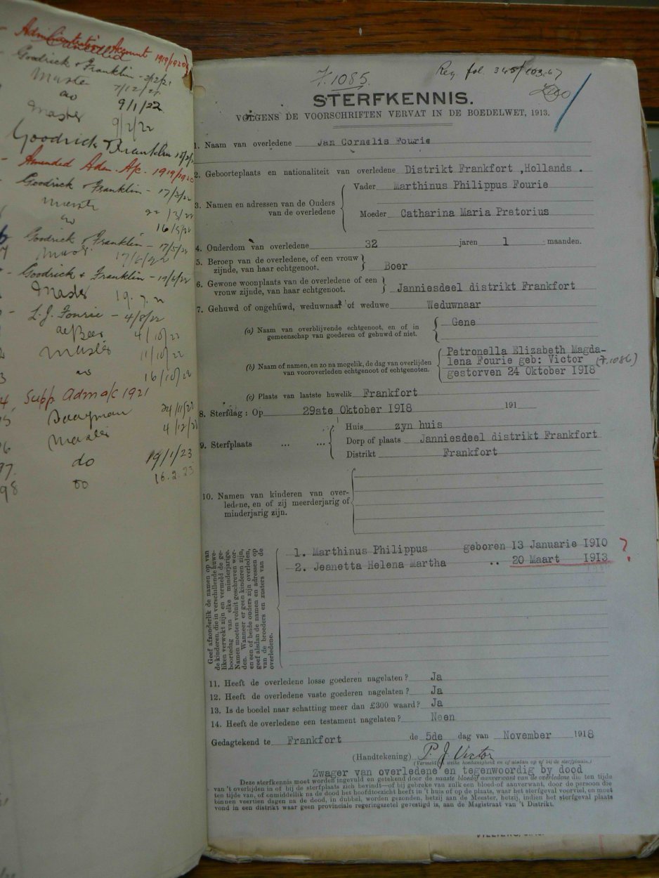FOURIE Jan Cornelis died 29 October 1918 FOURIE Jan Cornelis died 29 October 1918