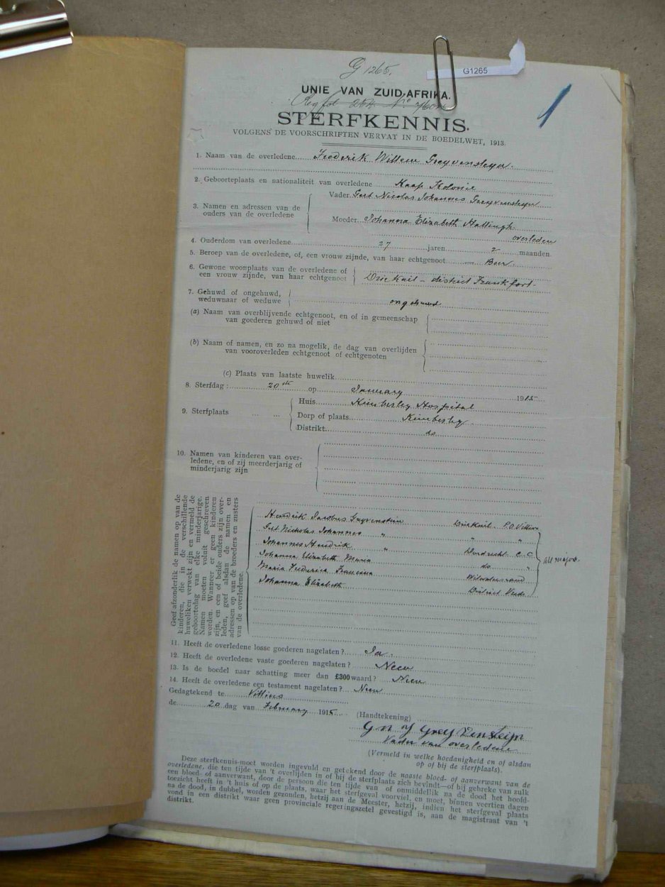 GREYVENSTEYN Frederik Willem died 20 January 1915 GREYVENSTEYN Frederik Willem died 20 January 1915