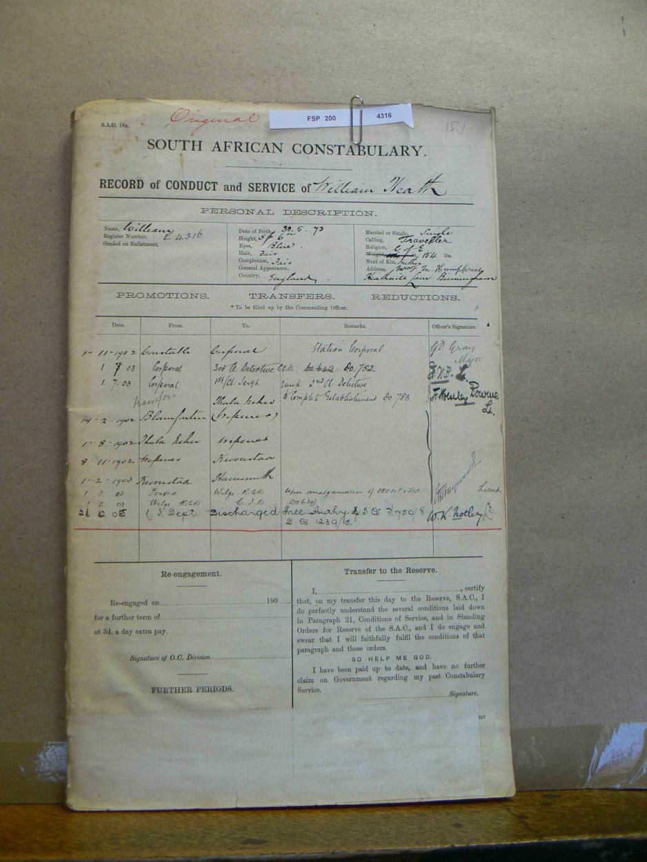 HEATH William - Record of Conduct of Service - South African Constabulary HEATH William - Record of Conduct of Service - South African Constabulary