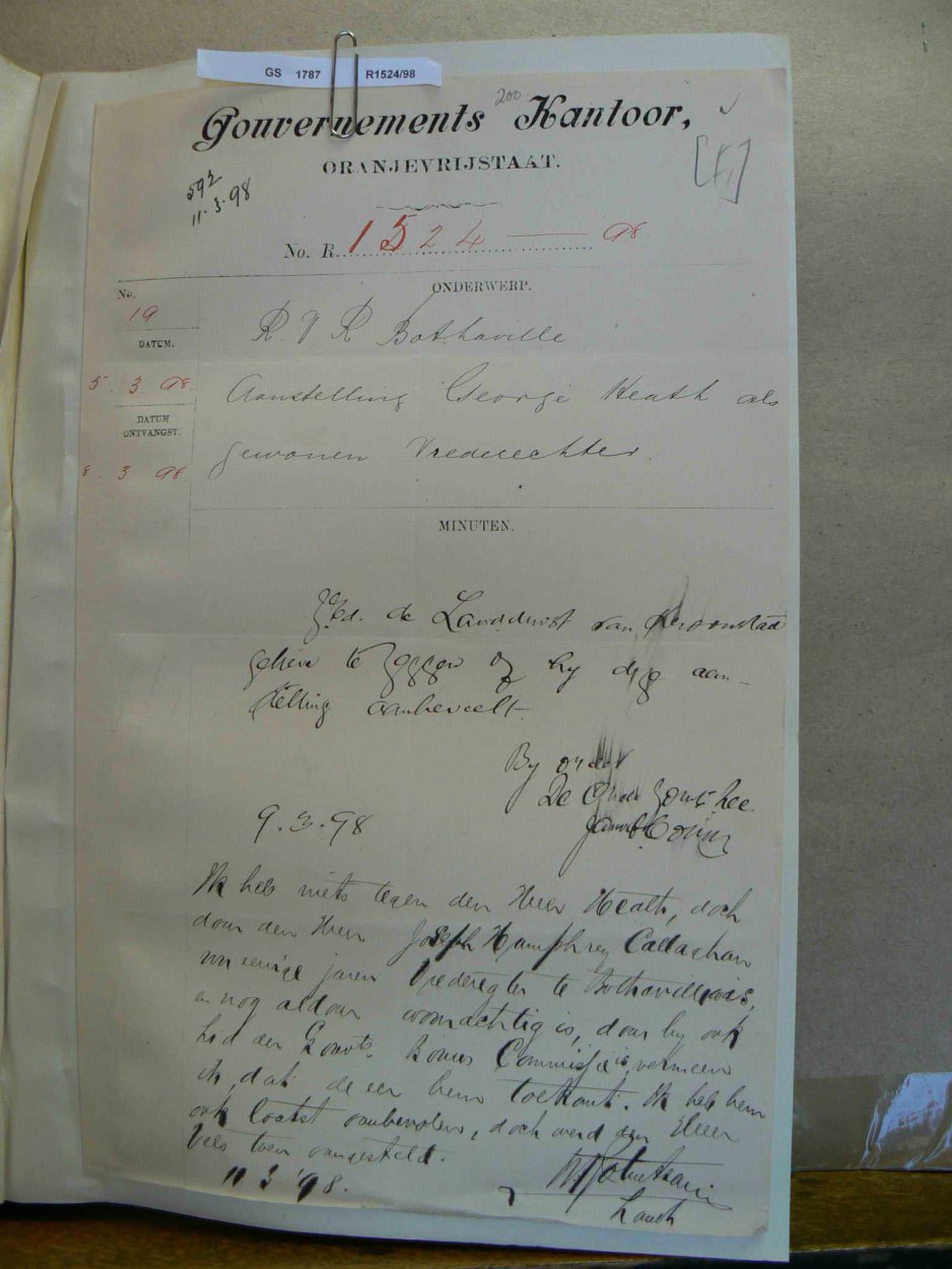 HEATH George - resident Vrederechter Bothaville - Aanstelling HEATH George - resident Vrederechter Bothaville - Aanstelling