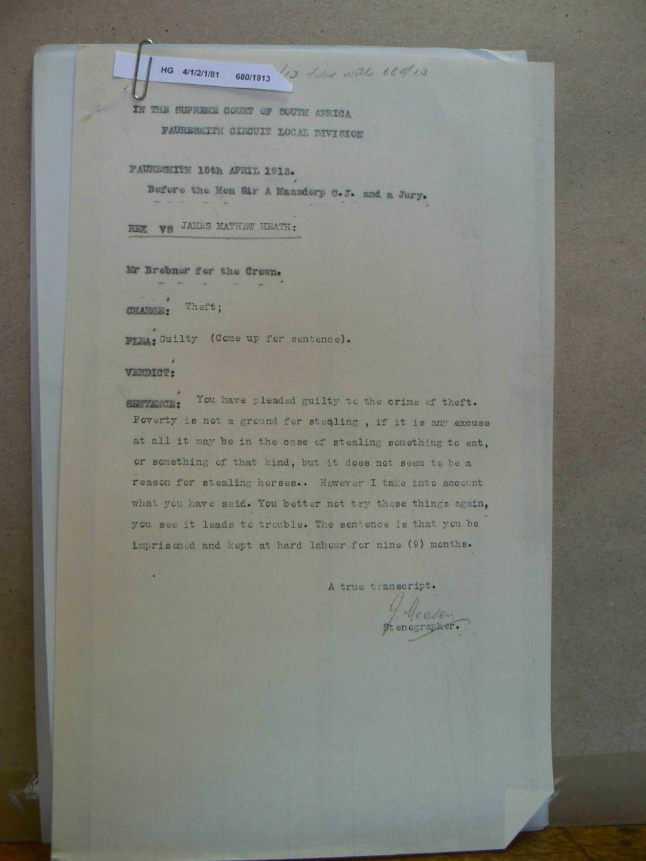 HEATH James Mathew - Sentence - Fauresmith Circuit HEATH James Mathew - Sentence - Fauresmith Circuit