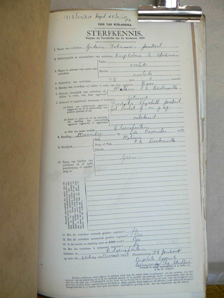 JOUBERT Gideon Johannes - oorlede 6 Nov 1950 JOUBERT Gideon Johannes - oorlede 6 Nov 1950