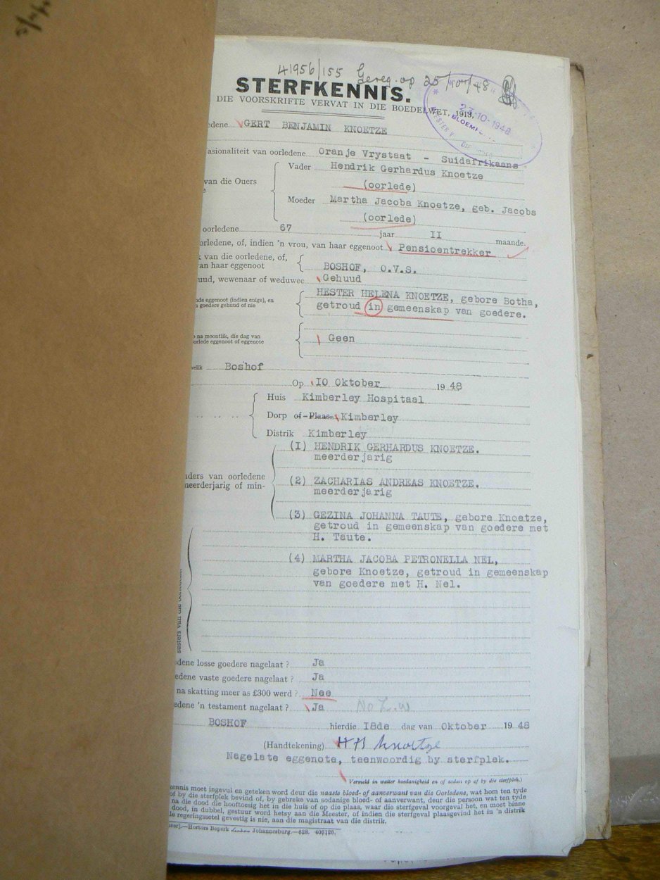 KNOETZE Gert Benjamin - oorlede 10 Okt 1948 KNOETZE Gert Benjamin - oorlede 10 Okt 1948