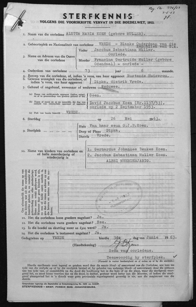 KOEN Aletta Maria nee MULLER - oorlede 26 Mei 1963