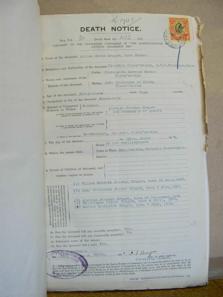 KRUGER Aletta Maria nee HERBST - oorlede 26 Mrt 1913 KRUGER Aletta Maria nee HERBST - oorlede 26 Mrt 1913