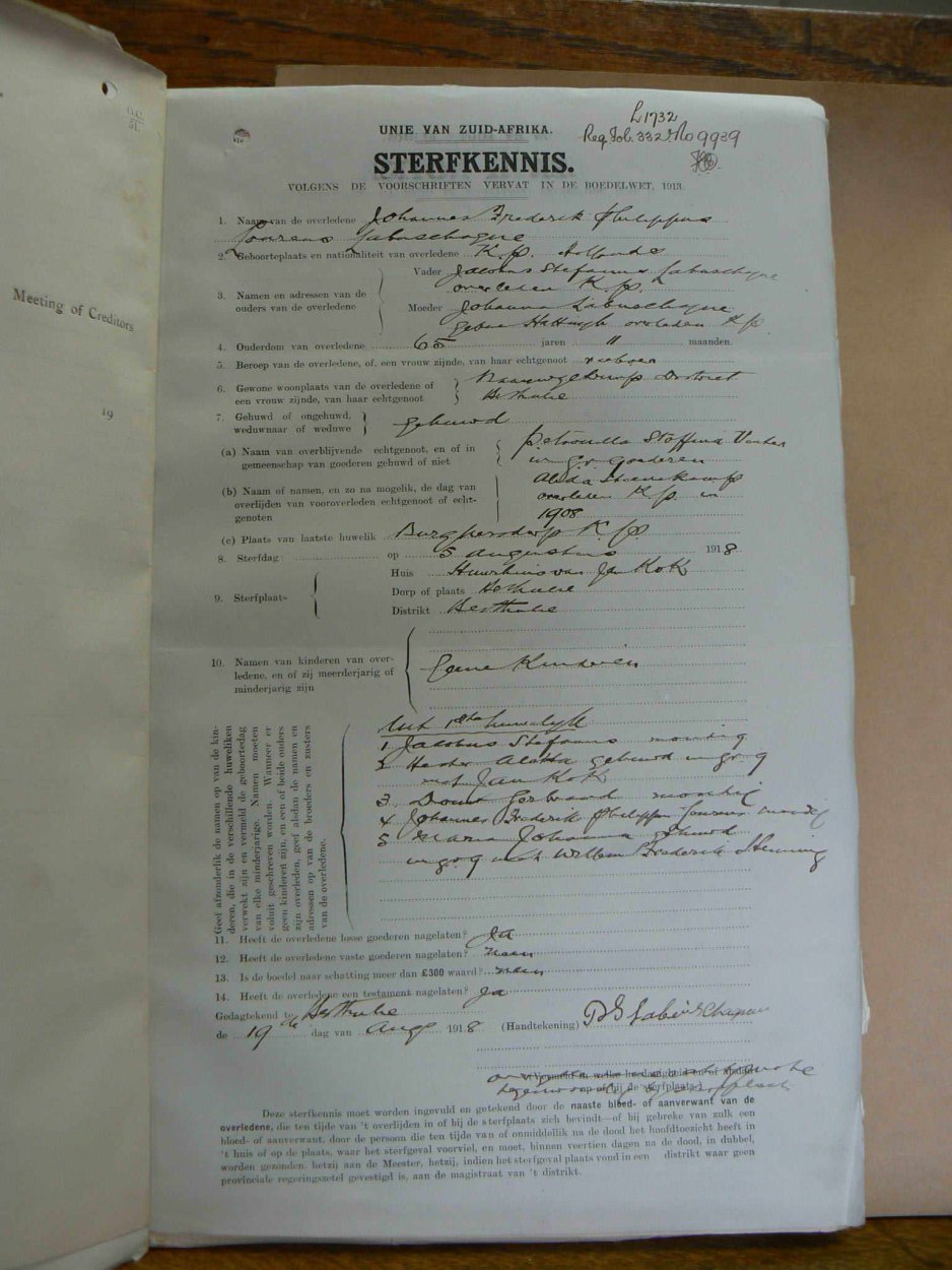 LABUSCHAGNE Johannes Frederik Philippus Lourens died 5 January 1918 LABUSCHAGNE Johannes Frederik Philippus Lourens died 5 January 1918
