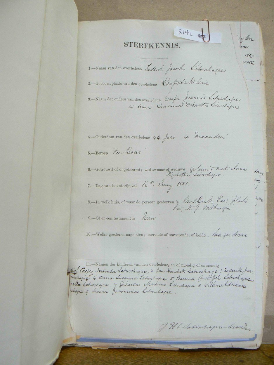 LABUSCHAGNE Frederik Jacobus - oorlede 16 Jun 1881 LABUSCHAGNE Frederik Jacobus - oorlede 16 Jun 1881