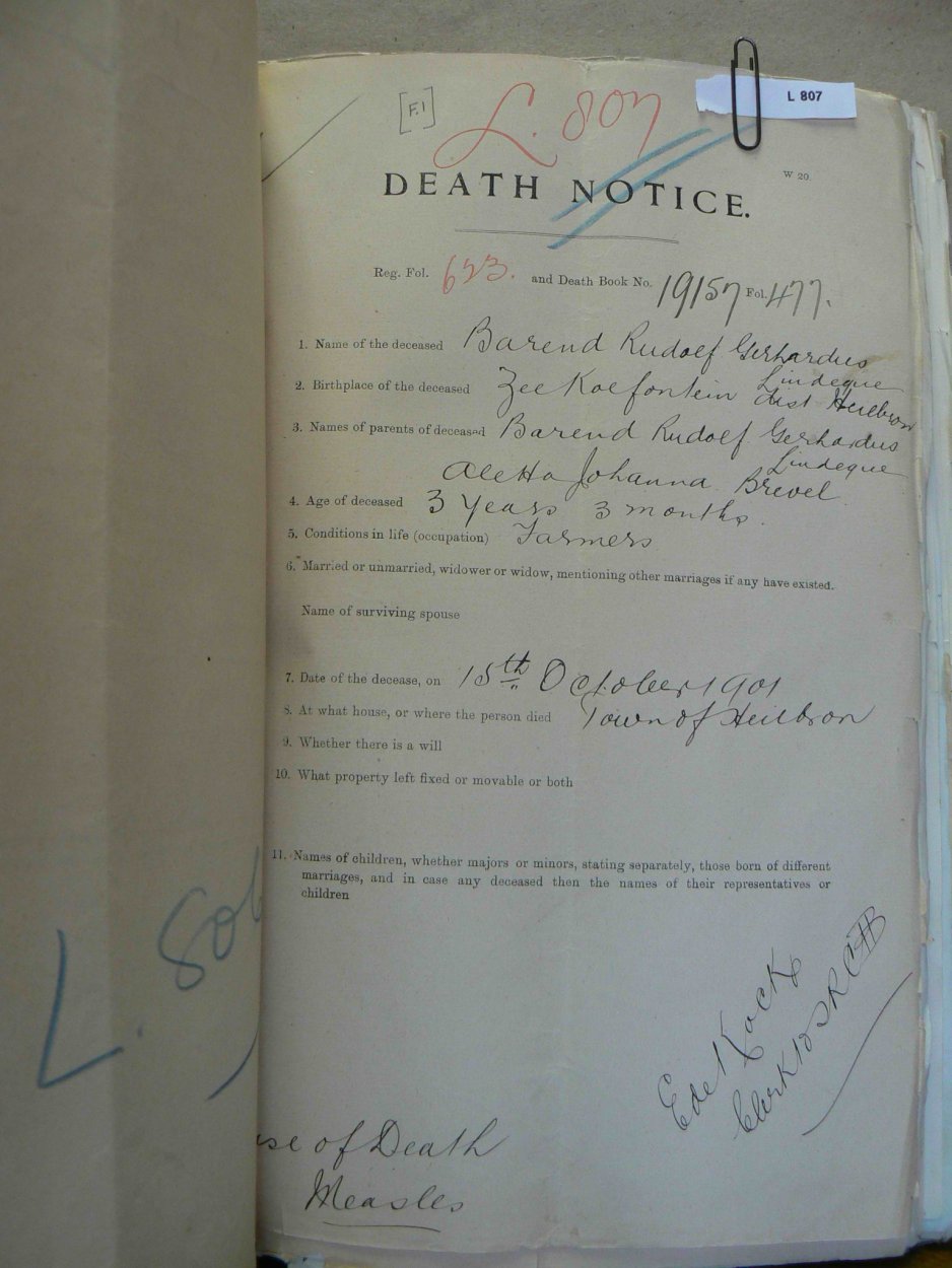LINDEQUE Barend Rudolf Gerhardus dieed 15 October 1901 LINDEQUE Barend Rudolf Gerhardus dieed 15 October 1901