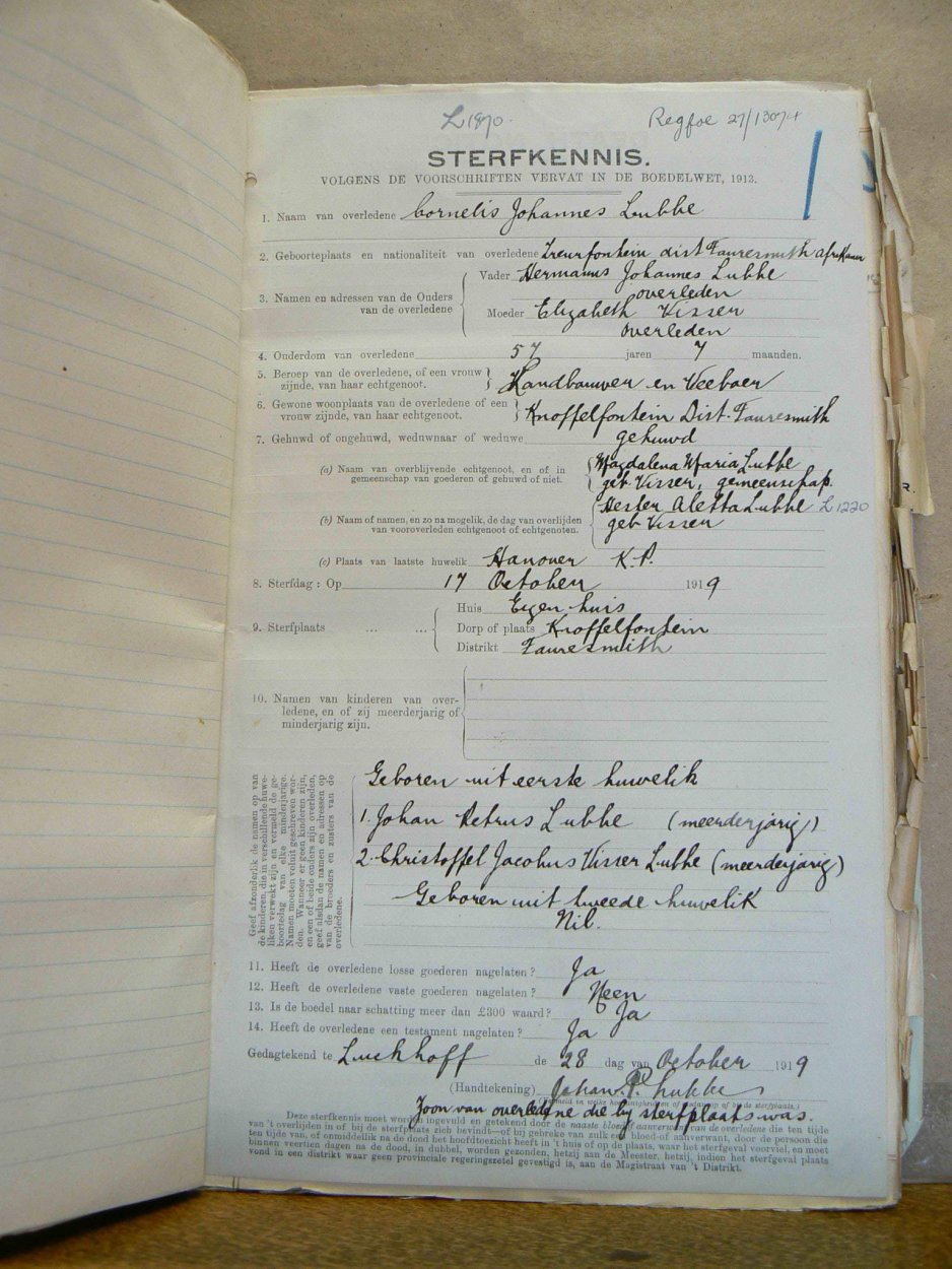 LUBBE Cornelis Johannes - oorlede 17 Okt 1919 LUBBE Cornelis Johannes - oorlede 17 Okt 1919